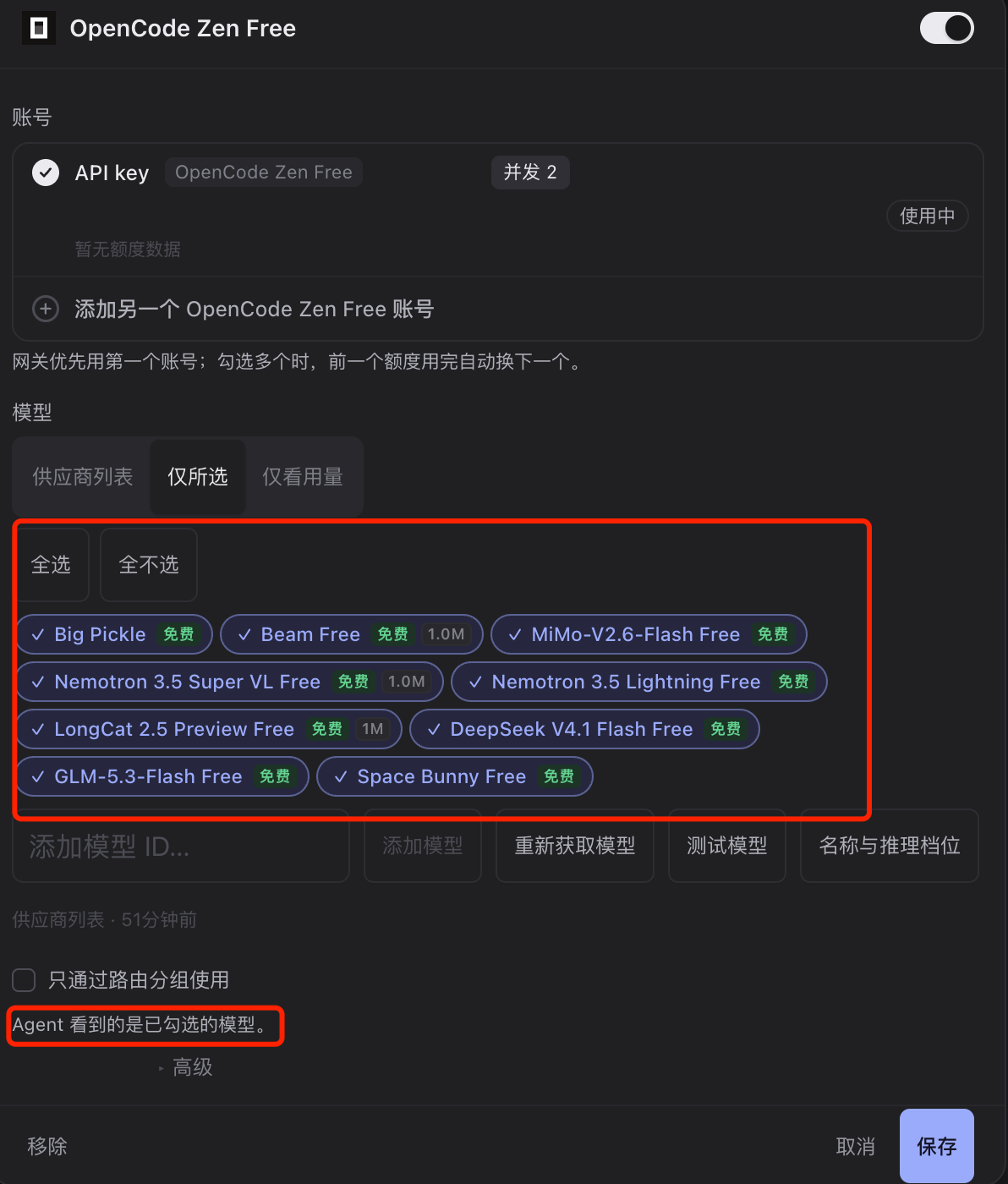 供应商详情：模型全选后保存，Agent 只能看到已勾选的模型